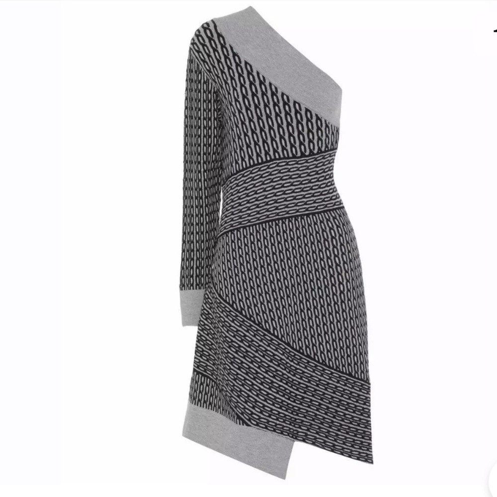 BURBERRY One Shoulder Knit Jacquard Cable Dress